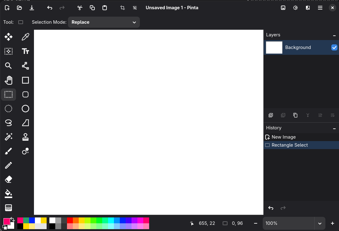 Screenshot of the pinta working space. Left sidebar holds drawing tools. The center is a white plain. Right sidebar holds layers and history UI.